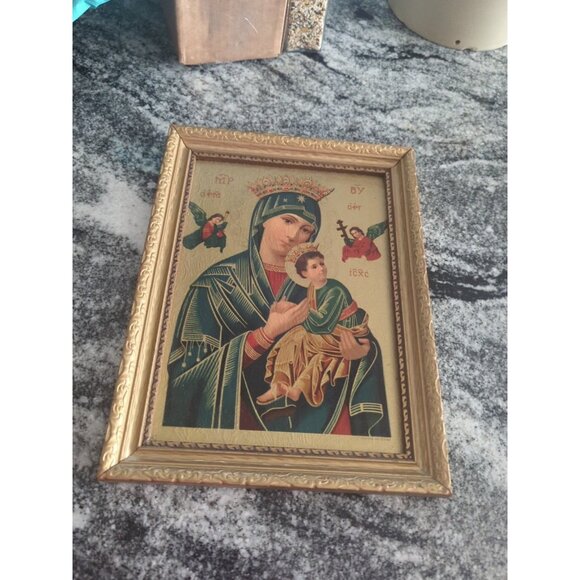Vintage Our Lady Of Perpetual Help Mary and Jesus Textured Print Ornate Frame - Picture 1 of 10